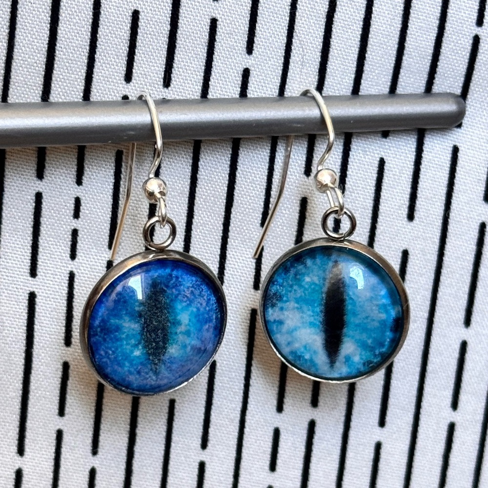 Blue Mythical Creature Cat Eye Design Silver Earrings